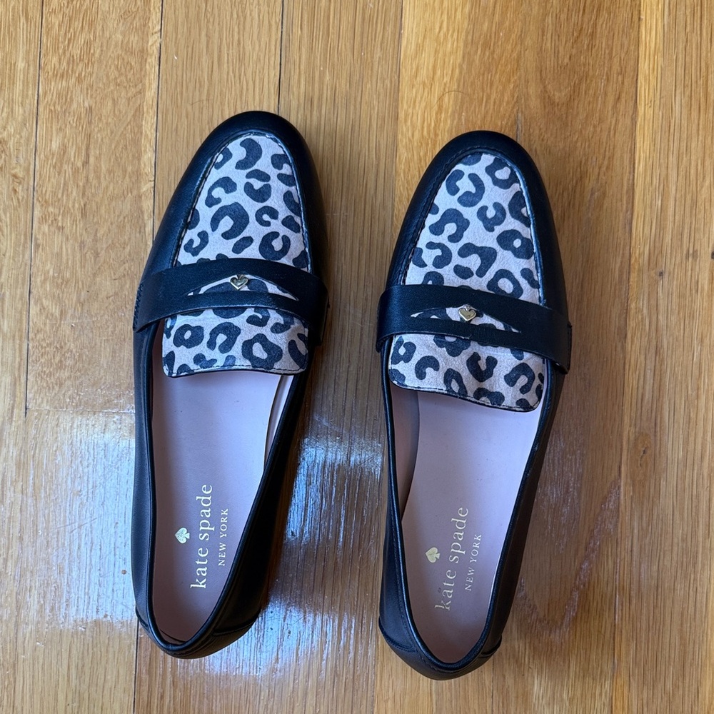 Used Kate Spade Black and Cream Animal Print Loafers